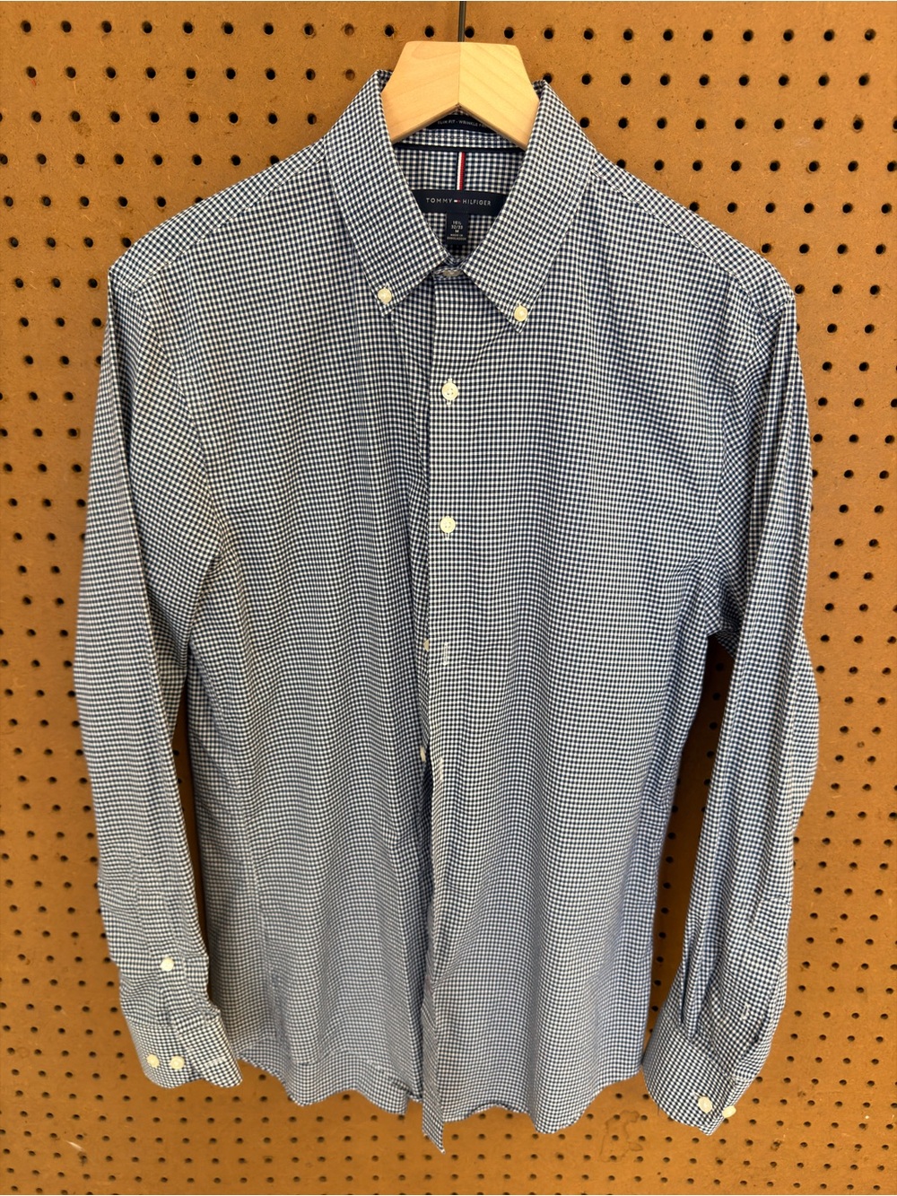 Tommy Hilfiger Slim Fit Wrinkle Free Shirt Navy White Mini Gingham 15.5 32/33 M
